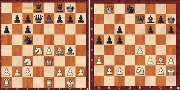 A la izquierda: Posición tras 13...Tad8. El blanco eligió 14. Cf5, pero 14.h3 podía presentar muchas complicaciones. Entre ellas, la captura 14...Dxd4 era casi perdedora tras la brillante 15. Cd5!!

A la derecha: Posición clave para Nepo. Con 29. Ac7 se comía el peón de a5 y podía lograr un peón pasado en "a". En cambio, hizo 29. Ad6 permitiendo 29...Dd7 amagando con activarse por la columna "d".