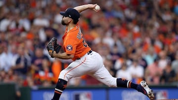 HOUSTON, TEXAS - OCTOBER 27: Jose Urquidy #65 of the Houston Astros delivers the pitch against the Atlanta Braves during the first inning in Game Two of the World Series at Minute Maid Park on October 27, 2021 in Houston, Texas. Patrick Smith/Getty Imag