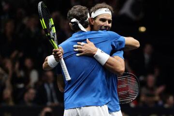 Federer (left) and Nadal react during their doubles win in the Laver Cup on Saturday.