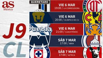 Fechas y horarios de la jornada 9 de la Liga MX