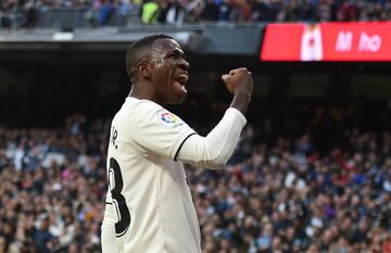 Vinicius Junior celebrates after his shot took a deflection off Kike to put Madrid ahead against Valladolid. Min.82