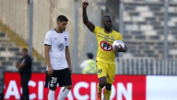 Futbol, Colo Colo vs Universidad de Concepcion.
 Sexta fecha, campeonato Nacional 2020
 El jugador de Universidad de Concepcion Cecilio Waterman, derecha, celebra su gol contra Colo Colo durante el partido de primera division disputado en el estadio Monum