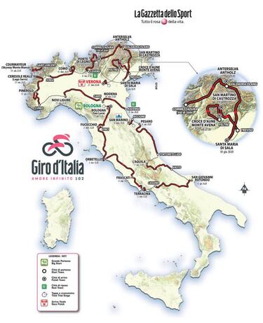 Giro 2019: siete metas en alto y 58,5 km de crono individual