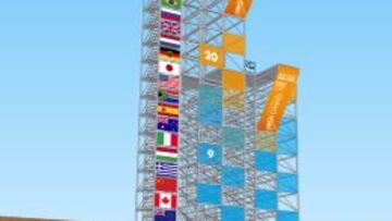 Infograf&iacute;a de la torre trampol&iacute;n con plataforma de 27 metros de altura que se utilizar&aacute; en el Mundial de nataci&oacute;n de Barcelona.