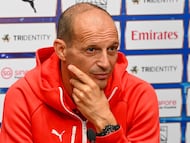 AC Milan�s manager Massimiliano Allegri attends a press conference ahead of their football match against Arsenal at the National Stadium in Singapore on July 21, 2025. (Photo by Roslan RAHMAN / AFP)