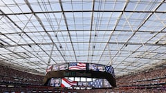 The jumbotron is seen during the national anthem prior to the start of Super Bowl LVI between the Los Angeles Rams and the Cincinnati Bengals
