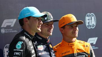 Formula One F1 - Dutch Grand Prix - Circuit Zandvoort, Zandvoort, Netherlands - August 26, 2023 Red Bull's Max Verstappen after qualifying in pole position alongside second placed McLaren's Lando Norris and third placed Mercedes' George Russell REUTERS/Yves Herman