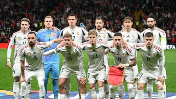 Hungary's players pose for a team picture before the start of the UEFA Nations League playoff first-leg football match between Turkey and Hungary at the Rams Park Ali Samiyen Sport Complex Stadium in Istanbul on March 20, 2025. (Photo by Ozan KOSE / AFP)