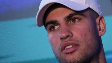 Spain's world number two Carlos Alcaraz speaks at a press conference at a hotel ahead of an exhibition game against Tommy Paul of USA, in Mexico City, Mexico November 28, 2023. REUTERS/Henry Romero