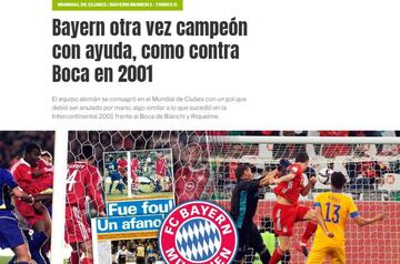 El Diario Olé fue crítico del triunfo del cuadro alemán debido a la mano de Robert Lewandowksi en el gol del triunfo y recordó que eso sucedió también en el año 2001 frente a Boca Juniors