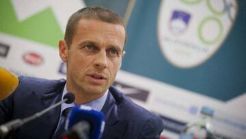 Aleksander Ceferin, president of Slovenian Football Association speaks during press conference held by Slovenian Football Association to present new head coach of Slovenian Football Team at Brdo near Kranj on October 24, 2011. Slavisa Stojanovic was chosen as a new head coach of the Slovenian Football Team. AFP PHOTO/Jure Makovec (Photo credit should read Jure Makovec/AFP/Getty Images)