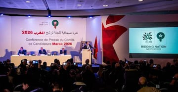 Fouzi Lekjaa (L), President of the Royal Moroccan Football Federation (FRMF), Moulay Hafid Elalamy (2nd-L), chairman of the Moroccan Committee bidding for the 2026 World Cup, and Moroccan Youth and Sport Minister Rachid Talbi Alami (3rd-L) give a press co