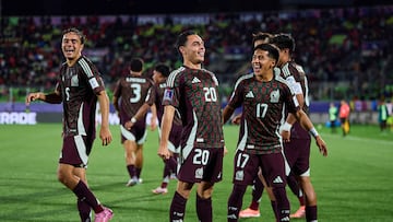 Hugo Camberos celebrates his goal 0-3 of Mexico during FIFA U-20 Mens World Cup Chile 2025 match between Chile and Mexico (Mexican National Team) as part Round of 16 at Elias Figueroa Brander Stadium, on October 07, 2025 in Valparaiso, Chile.