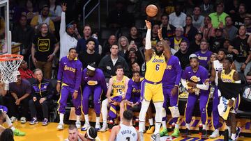 LOS ANGELES, CALIFORNIA - MAY 22: LeBron James #6 of the Los Angeles Lakers scores a three point basket against the Denver Nuggets during the first half in game four of the Western Conference Finals at Crypto.com Arena on May 22, 2023 in Los Angeles, California. NOTE TO USER: User expressly acknowledges and agrees that, by downloading and or using this photograph, User is consenting to the terms and conditions of the Getty Images License Agreement.   Allen Berezovsky/Getty Images/AFP (Photo by Allen Berezovsky / GETTY IMAGES NORTH AMERICA / Getty Images via AFP)