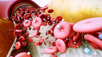 Glucosa en la sangre. Células sanguíneas con cubos de azúcar. Concepto de diabetes.