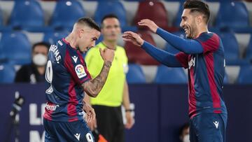 Levante's forward Roger Marti celebrate after scoring the 1-0 goal with his teammate during Spanish LaLiga match between Levante UD and Valencia cf at Ciutat de Valencia Stadium Valencia, Valencia, on March 12, 2021.