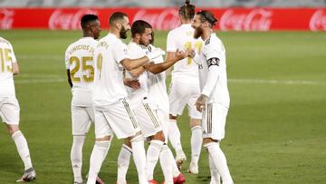 El Madrid celebra el gol de Ramos contra el Mallorca.