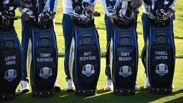 Europe's players pose with their golf bags during the official European team portraits taken ahead of the 44th Ryder Cup at the Marco Simone Golf and Country Club in Rome.