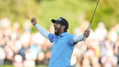 Jan 27, 2024; San Diego, California, USA; Matthieu Pavon celebrates on the eighteenth green after the final round of the Farmers Insurance Open golf tournament at Torrey Pines Municipal Golf Course - South Course. Mandatory Credit: Ray Acevedo-USA TODAY Sports