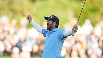 Jan 27, 2024; San Diego, California, USA; Matthieu Pavon celebrates on the eighteenth green after the final round of the Farmers Insurance Open golf tournament at Torrey Pines Municipal Golf Course - South Course. Mandatory Credit: Ray Acevedo-USA TODAY Sports