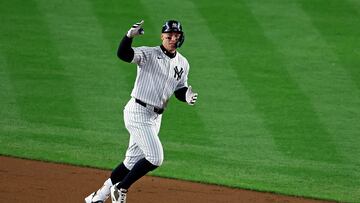 Oct 15, 2024; Bronx, New York, USA; New York Yankees outfielder Aaron Judge (99) runs the base after hitting a two run home run during the seventh inning against the Cleveland Guardians in game two of the ALCS for the 2024 MLB Playoffs at Yankee Stadium. Mandatory Credit: Brad Penner-Imagn Images