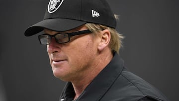 LAS VEGAS, NEVADA - OCTOBER 10: Head coach Jon Gruden of the Las Vegas Raiders walks onto the field before a game against the Chicago Bears at Allegiant Stadium on October 10, 2021 in Las Vegas, Nevada. The Bears defeated the Raiders 20-9. Chris Unger/G