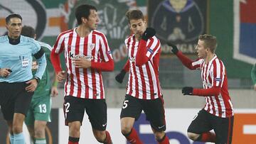 El Athletic celebrando uno de sus goles en Viena. 
