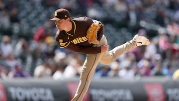 DENVER, COLORADO - APRIL 23: Pitcher Ron Marinaccio #97 of the San Diego Padres throws against the Colorado Rockies in the seventh inning at Coors Field on April 23, 2026 in Denver, Colorado. Matthew Stockman/Getty Images/AFP (Photo by MATTHEW STOCKMAN / GETTY IMAGES NORTH AMERICA / Getty Images via AFP)
