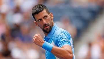 NEW YORK, NEW YORK - SEPTEMBER 05: Novak Djokovic of Serbia reacts during his Men's Singles Quarterfinal match against Taylor Fritz of the United States on Day Nine of the 2023 US Open at the USTA Billie Jean King National Tennis Center on September 05, 2023 in the Flushing neighborhood of the Queens borough of New York City.   Sarah Stier/Getty Images/AFP (Photo by Sarah Stier / GETTY IMAGES NORTH AMERICA / Getty Images via AFP)