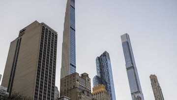 NEW YORK, NY, UNITED STATES - NOVEMBER 29: A view of the world's skinniest skyscraper, Steinway Tower, located at 111 West 57th Street in Manhattan, and boasts a 24:1 height to width ratio in New York, United States on November 29, 2022. Designed by SHoP Architects, the luxury condominium building stands at 1,428 feet (435 meters) tall, making it one of the largest buildings in the western hemisphere, and the third tallest in New York City. 60 apartments are included in the tower ranging from nearly $8 million for a studio to $66 million for a penthouse. In April it has opened to residents in New York City. (Photo by Fatih AktaÅ/Anadolu Agency via Getty Images)