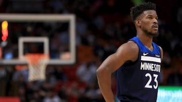 MIAMI, FL - OCTOBER 30: Jimmy Butler #23 of the Minnesota Timberwolves looks on during a game against the Miami Heat at American Airlines Arena on October 30, 2017 in Miami, Florida. NOTE TO USER: User expressly acknowledges and agrees that, by downloading and or using this photograph, User is consenting to the terms and conditions of the Getty Images License Agreement.   Mike Ehrmann/Getty Images/AFP
 == FOR NEWSPAPERS, INTERNET, TELCOS &amp; TELEVISION USE ONLY ==