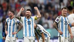 AL KHOR, QATAR - DECEMBER 14:  Lionel Messi of Argentina celebrates the team's 3-0 victory in the FIFA World Cup Qatar 2022 semi final match between France and Morocco at Al Bayt Stadium on December 14, 2022 in Al Khor, Qatar. (Photo by Clive Brunskill/Getty Images)