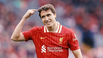 LIVERPOOL, ENGLAND - SEPTEMBER 21: Federico Chiesa of Liverpool reacts during the Premier League match between Liverpool FC and AFC Bournemouth at Anfield on September 21, 2024 in Liverpool, England. (Photo by Alex Livesey/Getty Images)