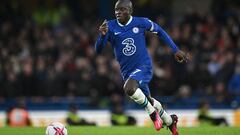 (FILES) Chelsea's French midfielder N'Golo Kante controls the ball during the English Premier League football match between Chelsea and Aston Villa at Stamford Bridge in London on April 1, 2023. Saudi club Al-Ittihad announced on June 20, 2023 the signing of French midfielder N'Golo Kante. (Photo by JUSTIN TALLIS / AFP) / RESTRICTED TO EDITORIAL USE. No use with unauthorized audio, video, data, fixture lists, club/league logos or 'live' services. Online in-match use limited to 120 images. An additional 40 images may be used in extra time. No video emulation. Social media in-match use limited to 120 images. An additional 40 images may be used in extra time. No use in betting publications, games or single club/league/player publications. / 