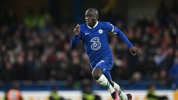 (FILES) Chelsea's French midfielder N'Golo Kante controls the ball during the English Premier League football match between Chelsea and Aston Villa at Stamford Bridge in London on April 1, 2023. Saudi club Al-Ittihad announced on June 20, 2023 the signing of French midfielder N'Golo Kante. (Photo by JUSTIN TALLIS / AFP) / RESTRICTED TO EDITORIAL USE. No use with unauthorized audio, video, data, fixture lists, club/league logos or 'live' services. Online in-match use limited to 120 images. An additional 40 images may be used in extra time. No video emulation. Social media in-match use limited to 120 images. An additional 40 images may be used in extra time. No use in betting publications, games or single club/league/player publications. /
