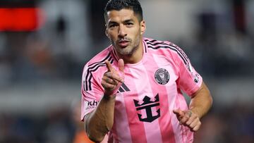 HOUSTON, TEXAS - MARCH 02: Luis Su�rez #9 of Inter Miami CF celebrates after scoring the team's fourth goal during the MLS match between Houston Dynamo FC and Inter Miami at Shell Energy Stadium on March 02, 2025 in Houston, Texas. Tim Warner/Getty Images/AFP (Photo by Tim Warner / GETTY IMAGES NORTH AMERICA / Getty Images via AFP)