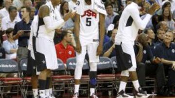 Carmelo, Durant y LeBron, durante un partido con Estados Unidos en 2012.