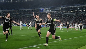Soccer Football - Champions League Quarter Final Second Leg - Juventus v Ajax Amsterdam - Allianz Stadium, Turin, Italy - April 16, 2019 Ajax's Matthijs de Ligt celebrates scoring their second goal with Daley Blind and team mates REUT