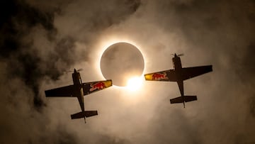 Kevin Coleman and Pete McLeod fly across the Total Solar Eclipse in Sulpher Springs, Texas, USA on April 8, 2024.