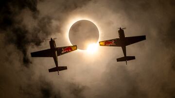 Kevin Coleman and Pete McLeod fly across the Total Solar Eclipse in Sulpher Springs, Texas, USA on April 8, 2024.