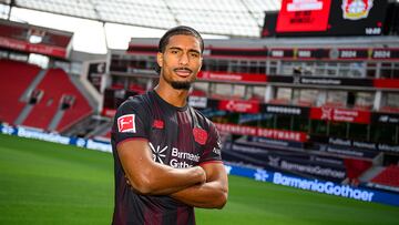 LEVERKUSEN, GERMANY - AUGUST 21: Loik Badé poses for a photo during his presentation for Bayer Leverksen at BayArena on August 21, 2025 in Leverkusen, Germany. (Photo by Jrg Sch¸ler/Bayer 04 Leverkusen via Getty Images)
