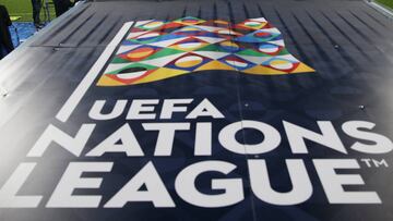 Logo de la Liga de Naciones de la UEFA en el Estadio Grbavica de Sarajevo (Bosnia).