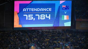 A screen displays the number of people attending the Australia and New Zealand 2023 Women's World Cup Group B football match between Australia and Ireland at Stadium Australia, also known as Olympic Stadium, in Sydney on July 20, 2023. (Photo by FRANCK FIFE / AFP)