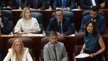 La presidenta de la Comunidad de Madrid, Isabel D¨ªaz Ayuso, interviene durante un pleno en la Asamblea de Madrid, a 23 de mayo de 2024, en Madrid (Espa?a). La reforma del Estatuto de Autonom¨ªa de la Comunidad de Madrid pretende eliminar la palabra "minusv¨¢lido" y sustituirla por "persona con discapacidad" registrada por PSOE y M¨¢s Madrid, pero sin visos de que su toma en consideraci¨®n vaya a salir adelante ya que el PP ha adelantado en varias ocasiones que no la apoyar¨¢.
23 MAYO 2024;MADRID;ASAMBLEA DE MADRID;ESTATUTO DE AUTONOM?A;PALABRA MINUSV?LIDO
Eduardo Parra / Europa Press
23/05/2024