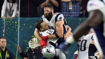 Feb 5, 2017; Houston, TX, USA; New England Patriots wide receiver Julian Edelman (11) and Tom Brady (12) celebrate after winning Super Bowl LI