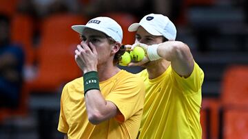 Tennis - Davis Cup - Group B - Australia v France - Pabellon Fuente de San Luis, Valencia, Spain - September 10, 2024 Australia's Matthew Ebden and Max Purcell react during their doubles match against France's Pierre-Hugues Herbert and Edouard Roger-Vasselin REUTERS/Pablo Morano