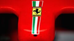 MEXICO CITY, MEXICO - OCTOBER 27: A Ferrari badge is seen on the nose of the Scuderia Ferrari SF71H in the garage during final practice for the Formula One Grand Prix of Mexico at Autodromo Hermanos Rodriguez on October 27, 2018 in Mexico City, Mexico.   Mark Thompson/Getty Images/AFP
 == FOR NEWSPAPERS, INTERNET, TELCOS &amp; TELEVISION USE ONLY ==