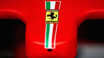 MEXICO CITY, MEXICO - OCTOBER 27: A Ferrari badge is seen on the nose of the Scuderia Ferrari SF71H in the garage during final practice for the Formula One Grand Prix of Mexico at Autodromo Hermanos Rodriguez on October 27, 2018 in Mexico City, Mexico. Mark Thompson/Getty Images/AFP
== FOR NEWSPAPERS, INTERNET, TELCOS & TELEVISION USE ONLY ==