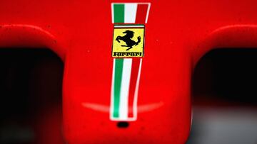 MEXICO CITY, MEXICO - OCTOBER 27: A Ferrari badge is seen on the nose of the Scuderia Ferrari SF71H in the garage during final practice for the Formula One Grand Prix of Mexico at Autodromo Hermanos Rodriguez on October 27, 2018 in Mexico City, Mexico.   Mark Thompson/Getty Images/AFP
 == FOR NEWSPAPERS, INTERNET, TELCOS &amp; TELEVISION USE ONLY ==