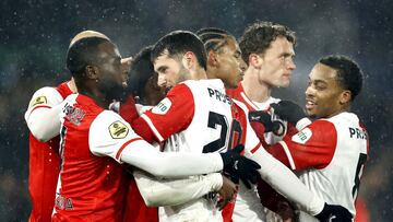 (From L) Feyenoord Lutsharel Geertruida, Javairo Dilrosun, Santiago Gimenez, Calvin Stengs, Mats Wieffer and Quinten Timber celebrate a goal during the Dutch Eredivisie football match between Feyenoord and NEC Nijmegen at the Stadium de Kuip on January 14, 2024 in Rotterdam. (Photo by MAURICE VAN STEEN / ANP / AFP) / Netherlands OUT